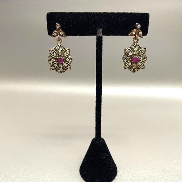 Turkish Sterling Silver Genuine Ruby Simulated White Topaz Dangle Earrings EUC - Picture 1 of 11